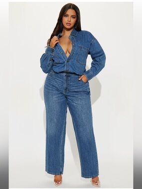 Fashion Nova Farmer's Market Cutie Long Sleeve Denim Wide Leg Jumpsuit NWT.